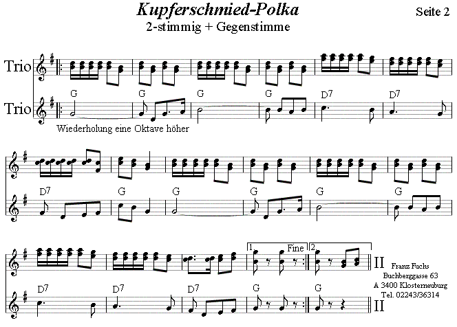Kupferschmiedpolka, Seite 2, 
in zweistimmigen Noten mit Gegenstimme. 
Bitte klicken, um die Melodie zu hören.