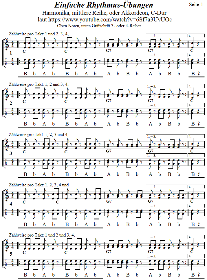 Rhythmusübungen 1 in einfachster Form, Seite 1