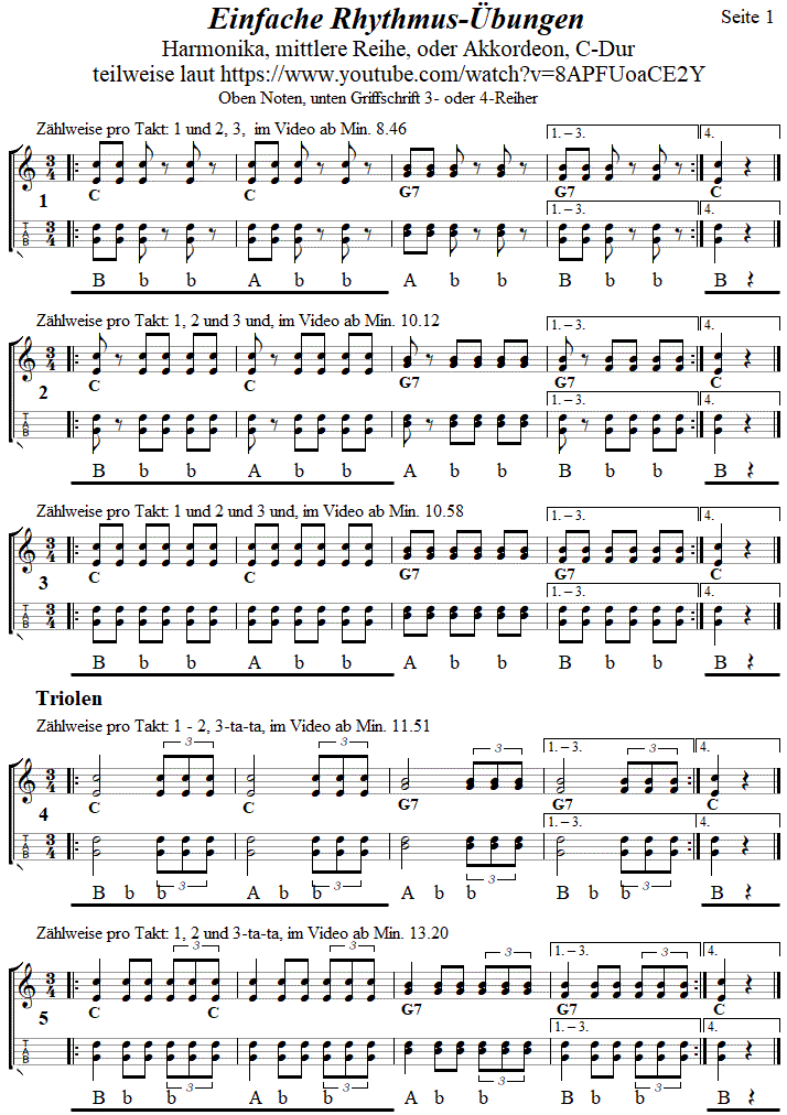 Rhythmusübungen 3 in einfachster Form, Seite 1