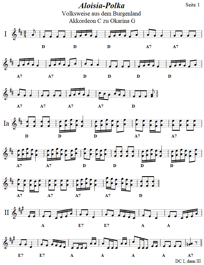 Aloisia-Polka, Begleitstimme für Akkordeon zur Okarina, Seite 1. 
Bitte klicken, um die Melodie zu hören.