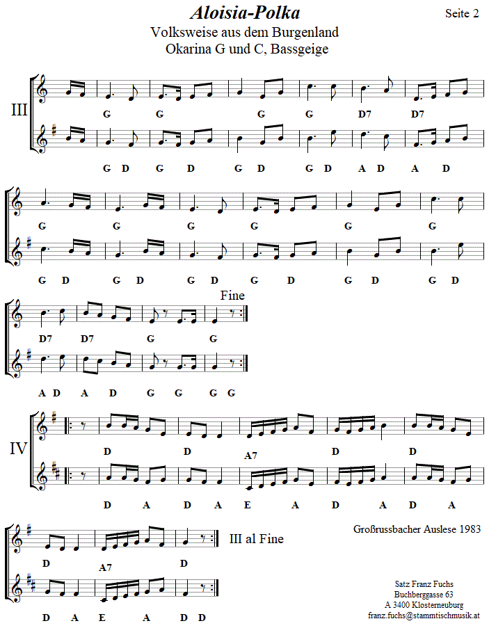 Aloisia-Polka in zweistimmigen Noten fr Okarina, Seite 2. 
Bitte klicken, um die Melodie zu hren.