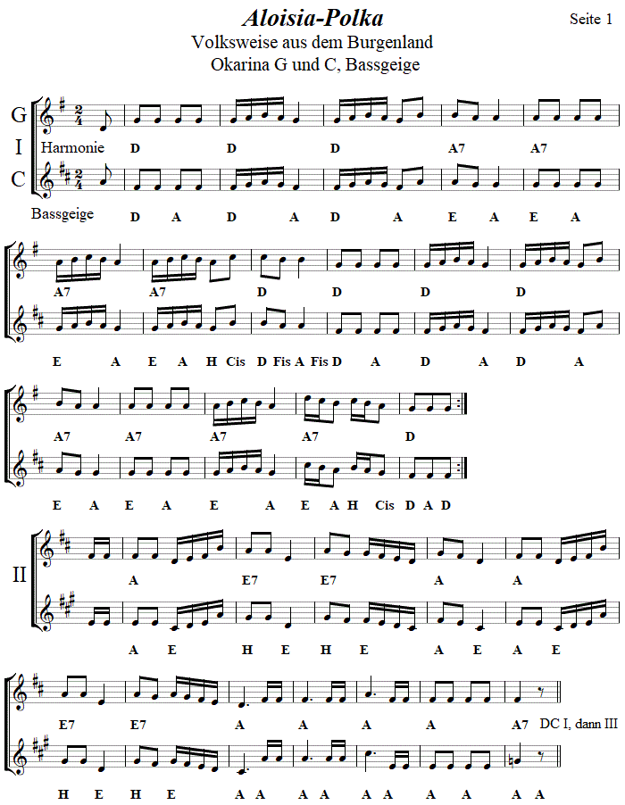 Aloisia-Polka in zweistimmigen Noten fr Okarina, Seite 1. 
Bitte klicken, um die Melodie zu hren.