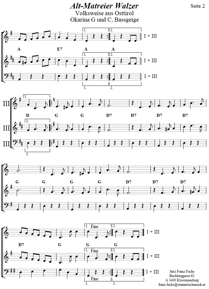 Annenwalzer in zweistimmigen Noten für Okarina, Seite 2. 
Bitte klicken, um die Melodie zu hören.