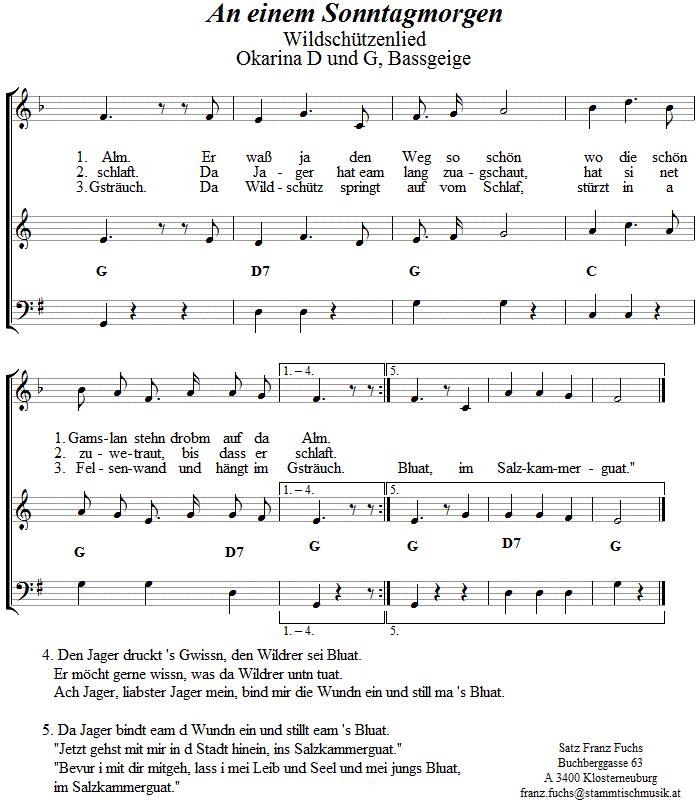 An einem Sonntagmorgen, Wildererlied in zweistimmigen Noten für Okarina, Seite 2. 
Bitte klicken, um die Melodie zu hören.