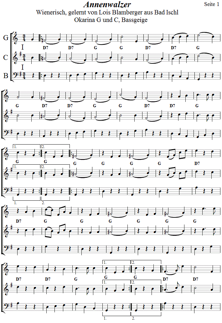 Annenwalzer in zweistimmigen Noten für Okarina, Seite 1. 
Bitte klicken, um die Melodie zu hören.