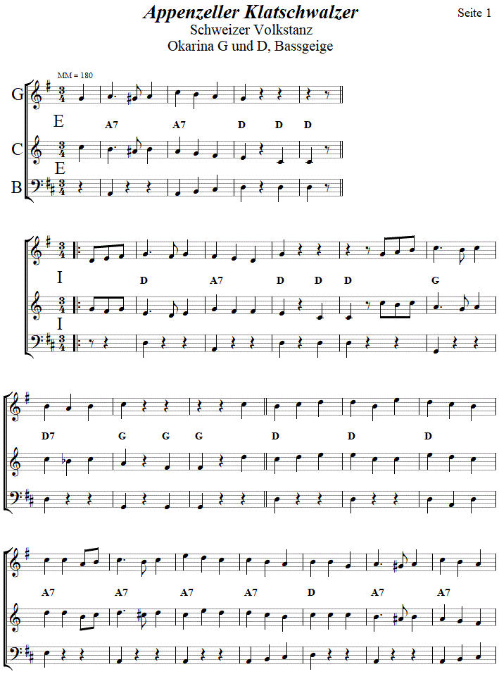 Appenzeller Klatschwalzer in zweistimmigen Noten für Okarina, Seite 1. 
Bitte klicken, um die Melodie zu hören.