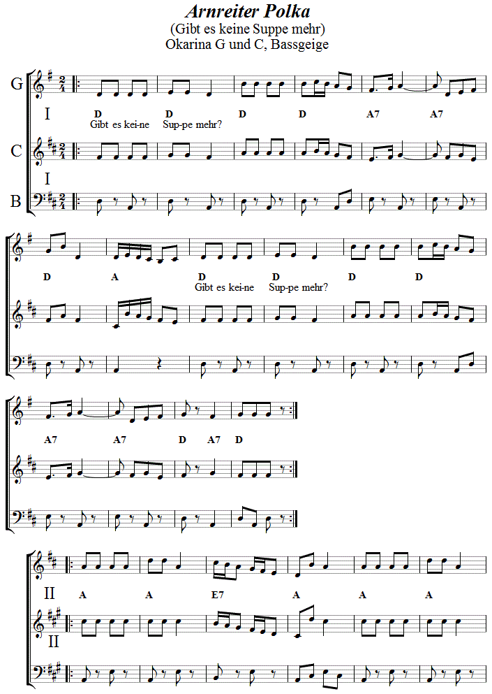 Arnreiter Polka in zweistimmigen Noten für Okarina, Seite 1. 
Bitte klicken, um die Melodie zu hören.