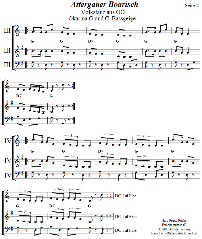 Attergauer Boarisch in zweistimmigen Noten für Okarina, Seite 2. 
Bitte klicken, um die Melodie zu hören.