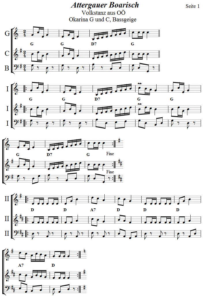 Attergauer Boarisch in zweistimmigen Noten für Okarina, Seite 1. 
Bitte klicken, um die Melodie zu hören.