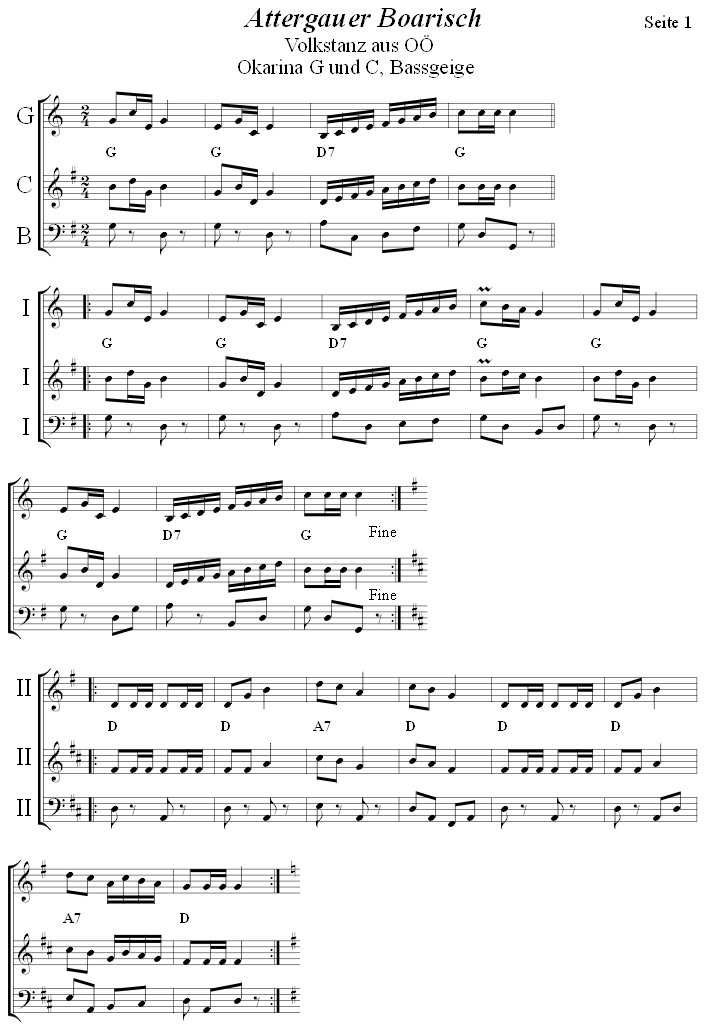 Attergauer Boarisch in zweistimmigen Noten fr Okarina, Seite 1. 
Bitte klicken, um die Melodie zu hren.