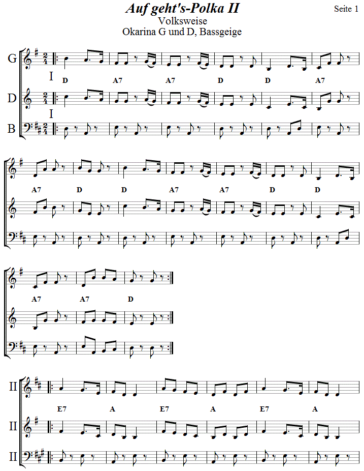Auf geht's Polka II, Seite 1,  in zweistimmigen Noten für Okarina, Seite 1. 
Bitte klicken, um die Melodie zu hören.