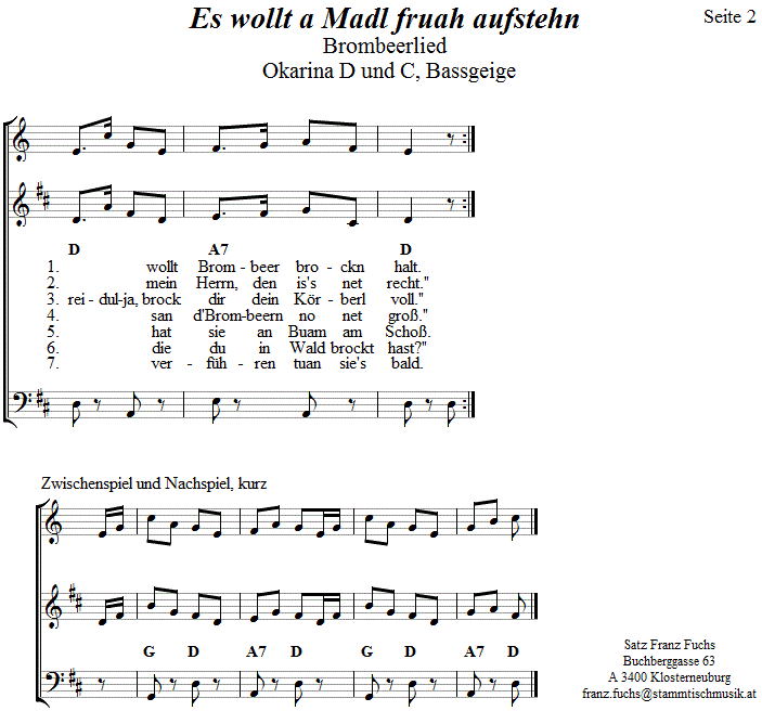 Es wollt a Madl fruah aufstehn (Brombeerlied) in zweistimmigen Noten für Okarina, Seite 2. 
Bitte klicken, um die Melodie zu hören.