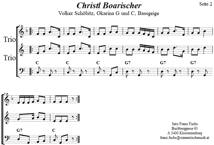 Christl Boarischer von Volker Schöbitz, Seite 2,  in zweistimmigen Noten für Okarina, Seite 2. 
Bitte klicken, um die Melodie zu hören.