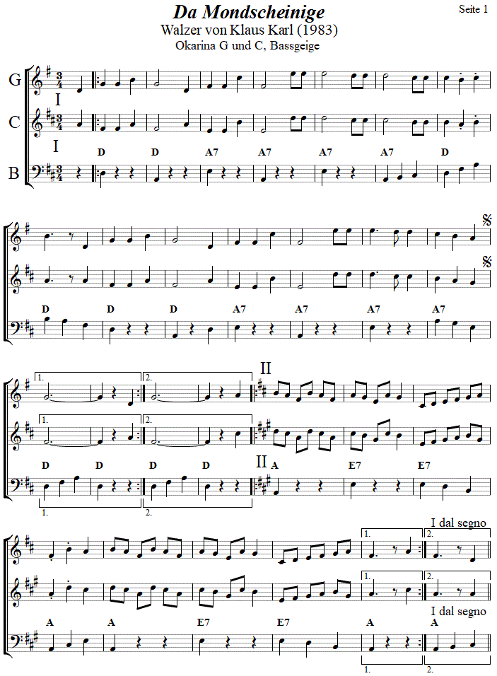 Mondscheiniger in zweistimmigen Noten für Okarina, Seite 1. 
Bitte klicken, um die Melodie zu hören.