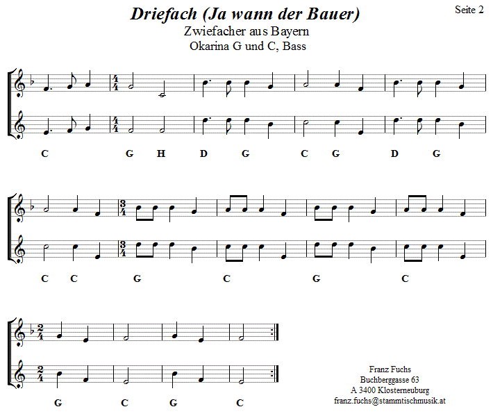 Driefach Zwiefacher Seite 2 in zweistimmigen Noten für Okarina. 
Bitte klicken, um die Melodie zu hören.