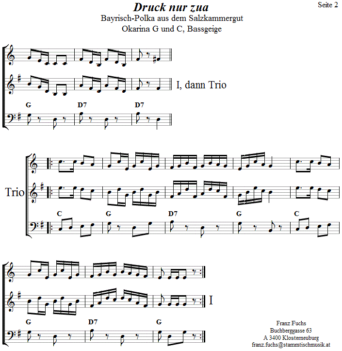 Druck nua zua Boarischer in zweistimmigen Noten für Okarina, Seite 2. 
Bitte klicken, um die Melodie zu hören.