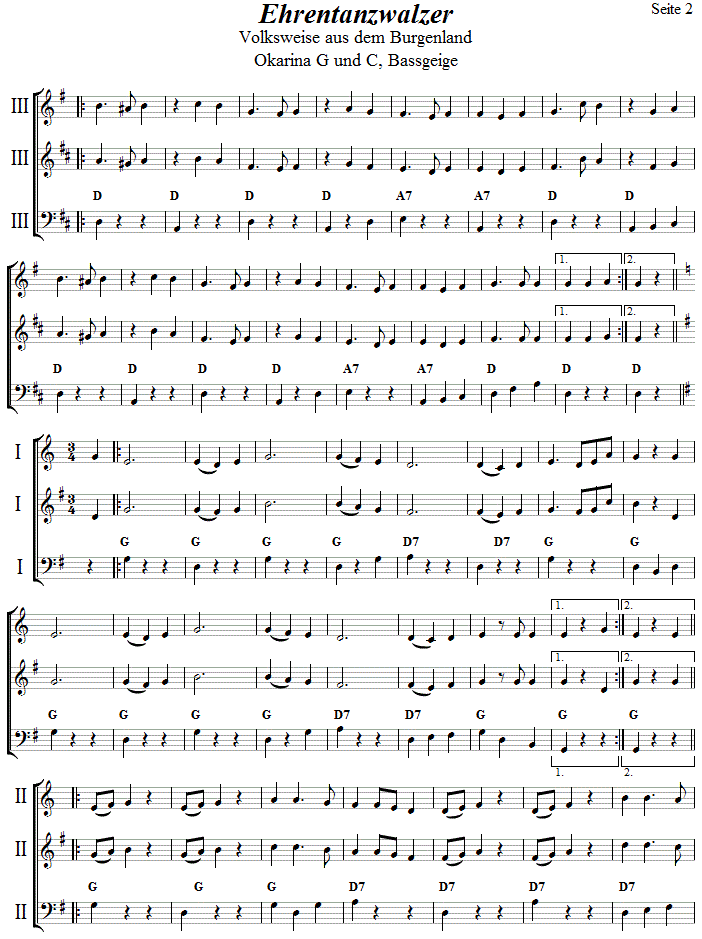 Ehrentanzwalzer in zweistimmigen Noten für Okarina, Seite 2. 
Bitte klicken, um die Melodie zu hören.
