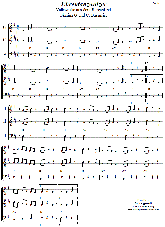 Ehrentanzwalzer in zweistimmigen Noten für Okarina, Seite 1. 
Bitte klicken, um die Melodie zu hören.