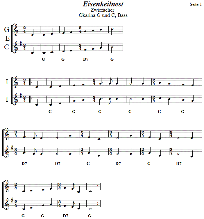 Eisenkeilnest Zwiefacher, Seite 1 in zweistimmigen Noten für Okarina. 
Bitte klicken, um die Melodie zu hören.