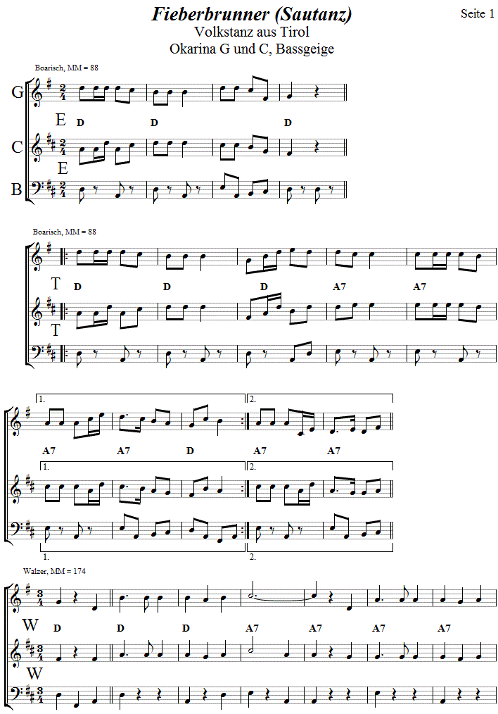 Fieberbrunner Sautanz in zweistimmigen Noten für Okarina, Seite 1. 
Bitte klicken, um die Melodie zu hören.