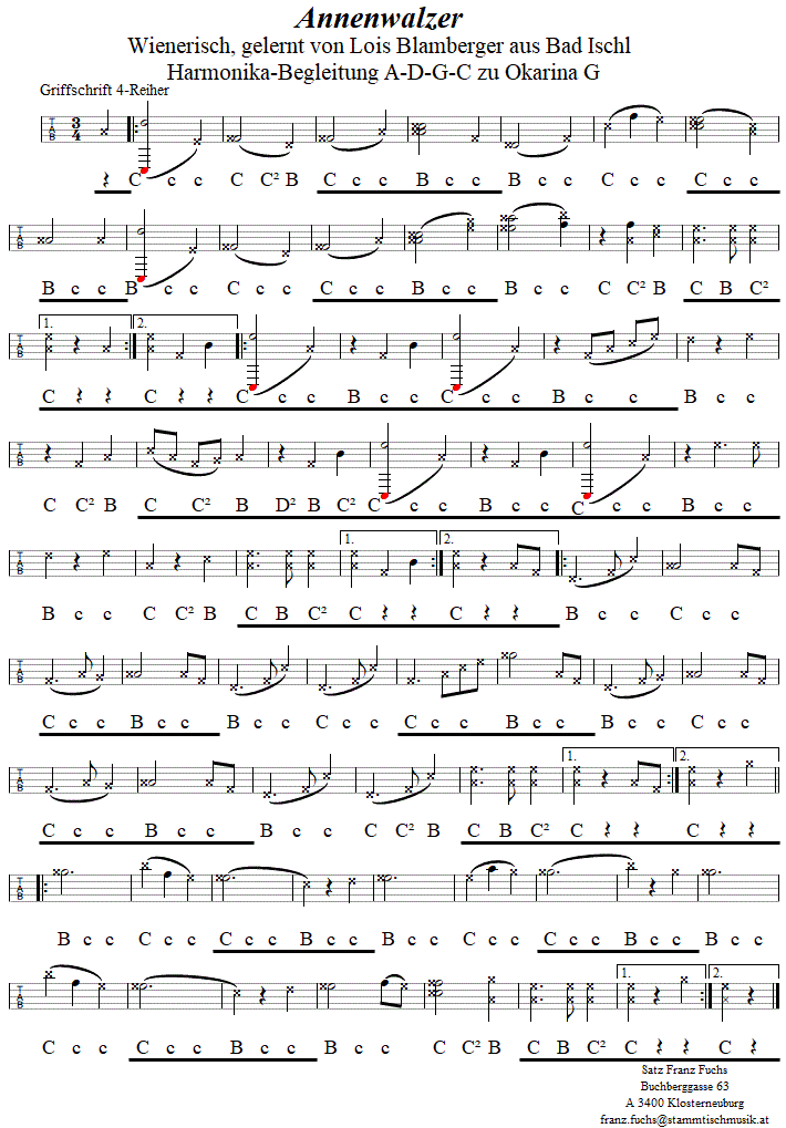 Annenwalzer, Begleitstimme für Steirische Harmonika zur Okarina, Seite 1. 
Bitte klicken, um die Melodie zu hören.