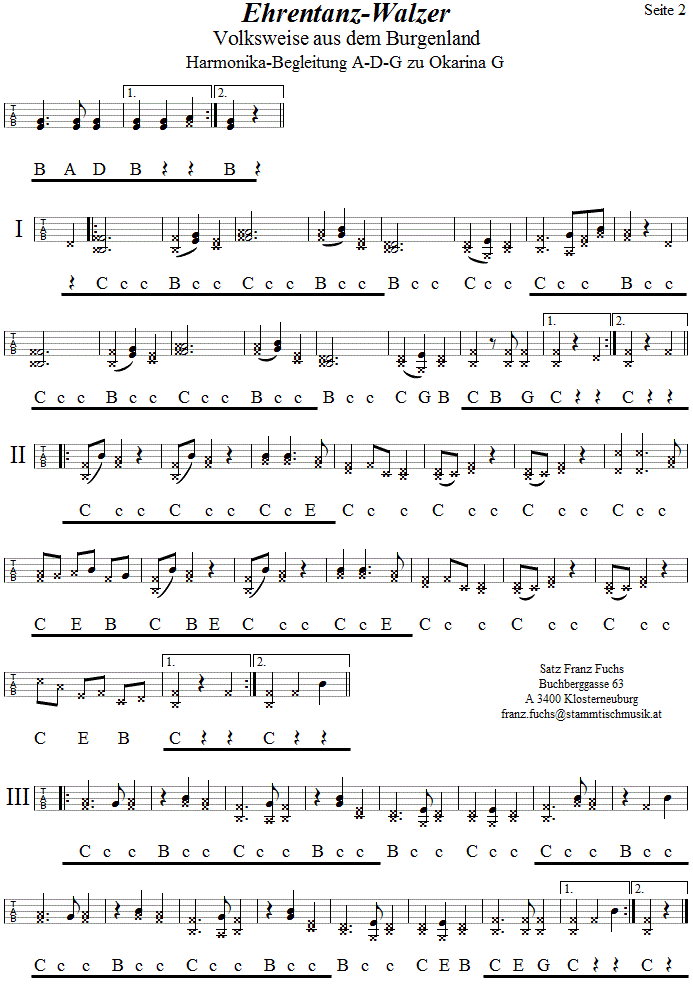 Ehrentanzwalzer, Begleitstimme für Steirische Harmonika zur Okarina, Seite 2. 
Bitte klicken, um die Melodie zu hören.