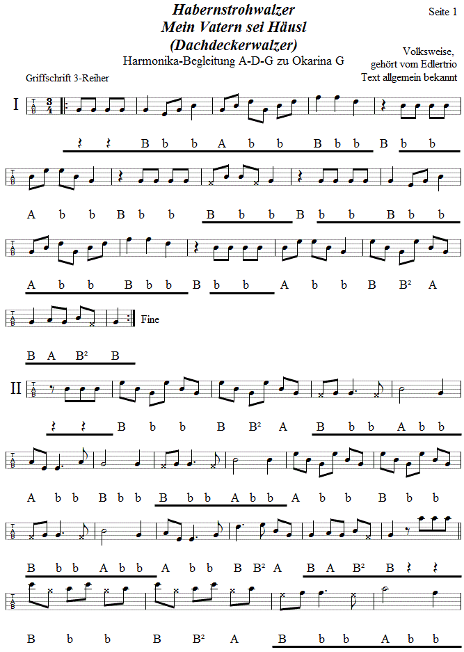 Habernstrohwalzer, Begleitstimme für Steirische Harmonika zur Okarina, Seite 1. 
Bitte klicken, um die Melodie zu hören.