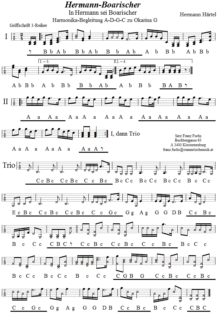 Hermann-Boarischer, Begleitstimme für Steirische Harmonika zur Okarina. 
Bitte klicken, um die Melodie zu hören.