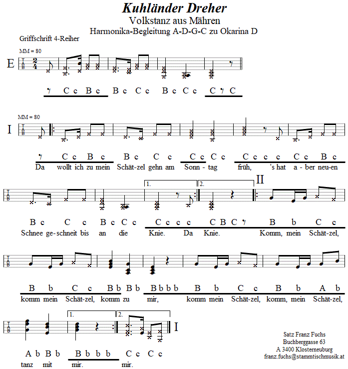 Kuhländer Dreher Begleitstimme für Steirische Harmonika zur Okarina. 
Bitte klicken, um die Melodie zu hören.