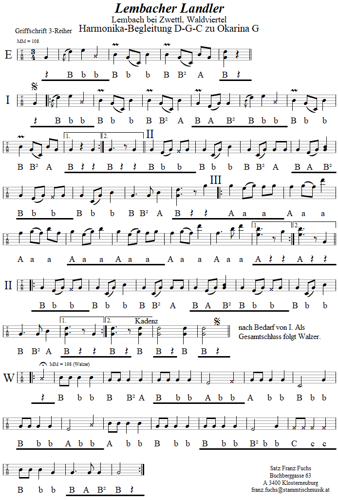 Lembacher Landler, Begleitstimme für Steirische Harmonika zur Okarina, Seite 1. 
Bitte klicken, um die Melodie zu hören.