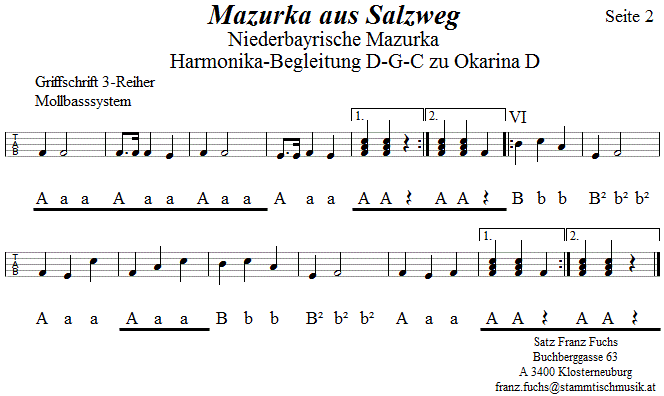 Mazurka aus Salzweg, Seite 1, Begleitstimme für Steirische Harmonika zur Okarina, Seite 2. 
Bitte klicken, um die Melodie zu hören.