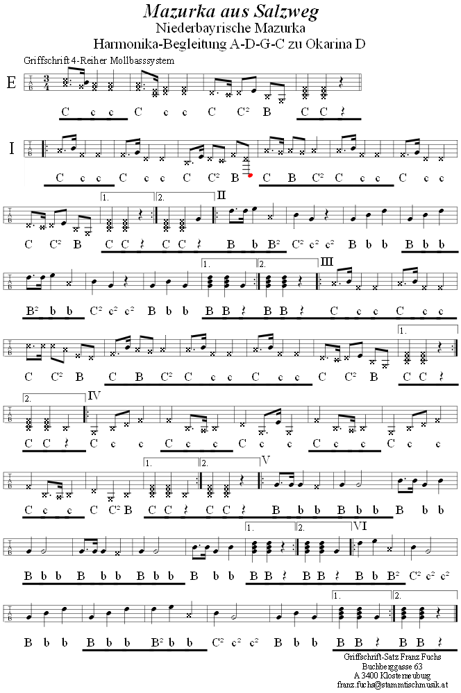 Mazurka aus Salzweg, Seite 1, Begleitstimme fr Steirische Harmonika zur Okarina, Seite 1. 
Bitte klicken, um die Melodie zu hren.