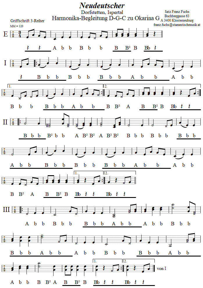 Neudeutscher Begleitstimme für Steirische Harmonika zur Okarina. 
Bitte klicken, um die Melodie zu hören.