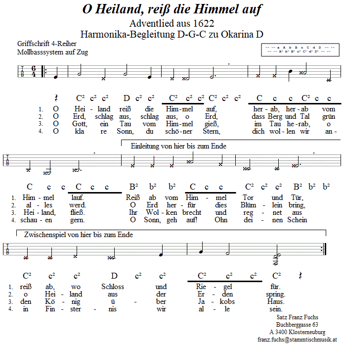 O Heiland, reiß die Himmel auf, Adventlied, Begleitstimme für Steirische Harmonika zur Okarina. 
Bitte klicken, um die Melodie zu hören.