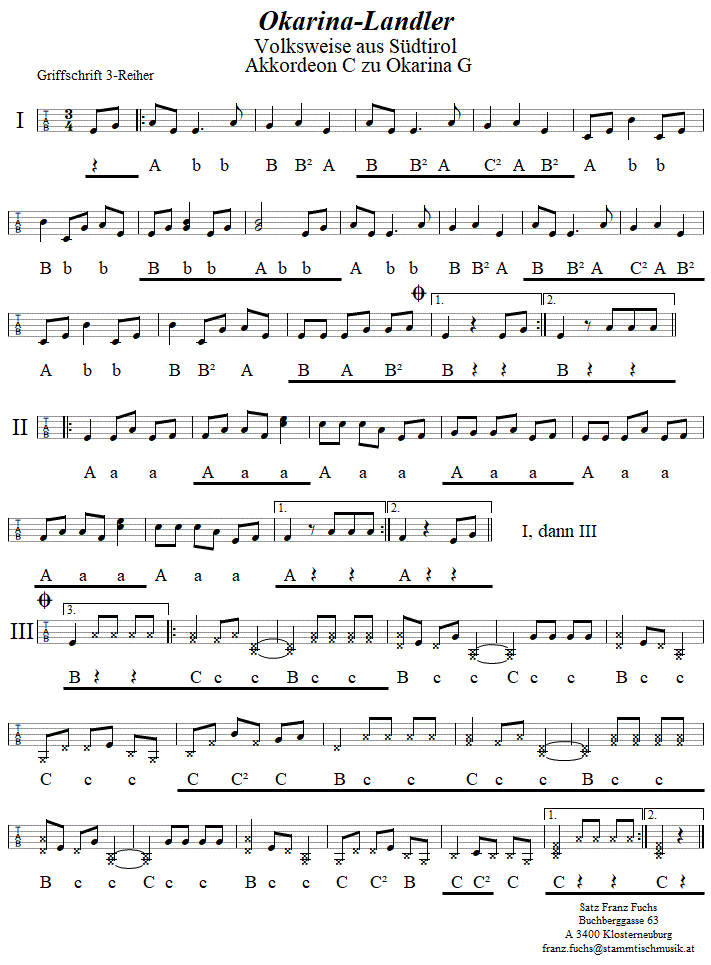Okarinalandler, Begleitstimme für Steirische Harmonika zur Okarina. 
Bitte klicken, um die Melodie zu hören.
