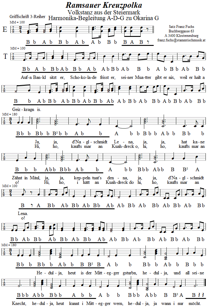 Ramsauer Kreuzpolka, Begleitstimme für Steirische Harmonika zur Okarina. 
Bitte klicken, um die Melodie zu hören.