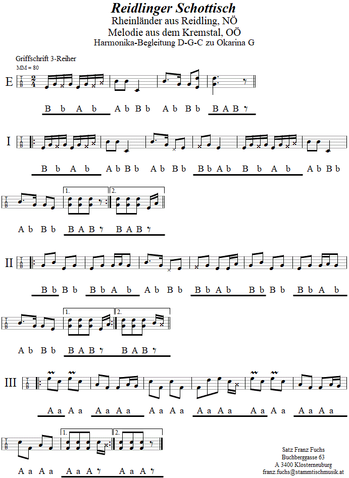 Reidlinger Schottisch Begleitstimme für Steirische Harmonika zur Okarina. 
Bitte klicken, um die Melodie zu hören.