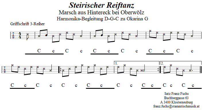 Steirischer Reiftan (Marsch aus Hintereck), Begleitstimme für Steirische Harmonika zur Okarina. 
Bitte klicken, um die Melodie zu hören.