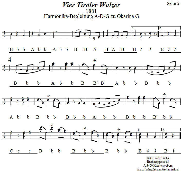 Vier Tiroler Walzer, Begleitstimme für Steirische Harmonika zur Okarina, Seite 2. 
Bitte klicken, um die Melodie zu hören.