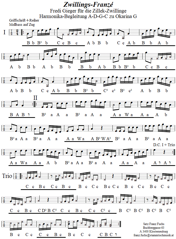 Zwillings-Franzé, Begleitstimme für Steirische Harmonika zur Okarina. 
Bitte klicken, um die Melodie zu hören.