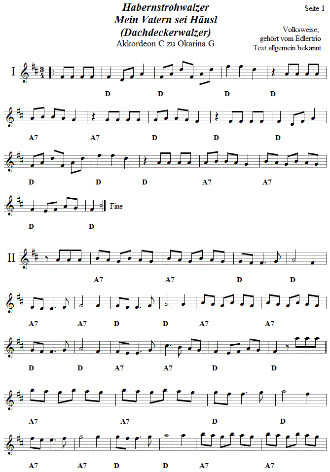 Habernstrohwalzer, Begleitstimme für Akkordeon zur Okarina, Seite 1. 
Bitte klicken, um die Melodie zu hören.