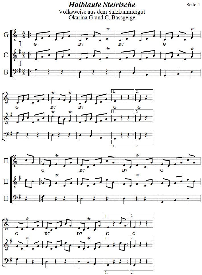 Halblaute Steirische in zweistimmigen Noten für Okarina, Seite 1. 
Bitte klicken, um die Melodie zu hören.