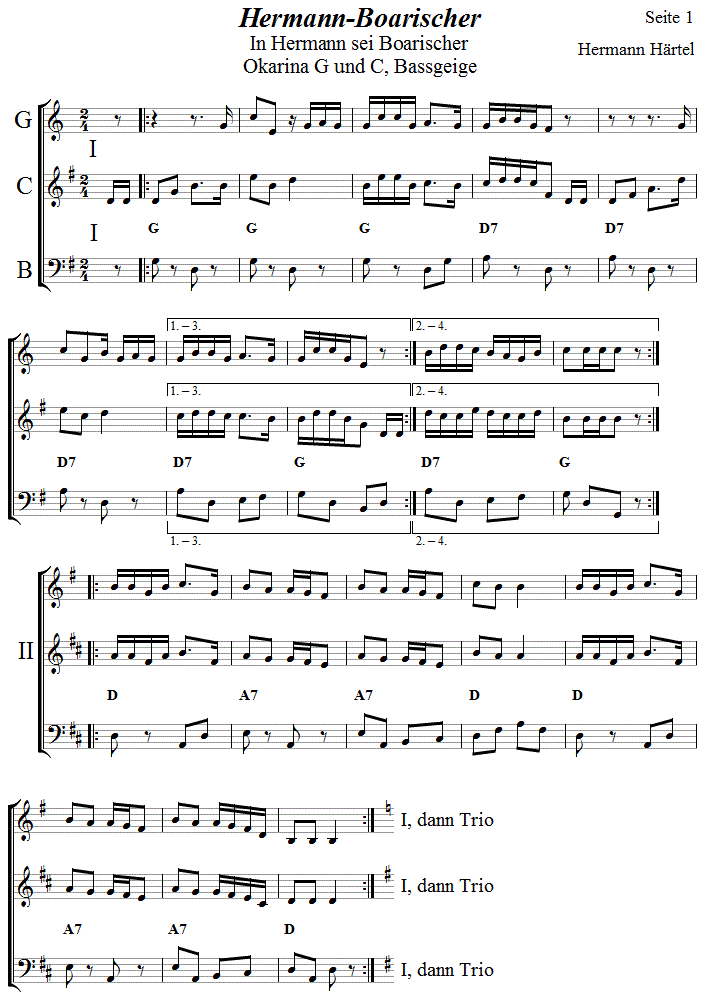 Hermann-Boarischer von Hermann Härtel, Seite 1, in zweistimmigen Noten für Okarina, Seite 1. 
Bitte klicken, um die Melodie zu hören.
