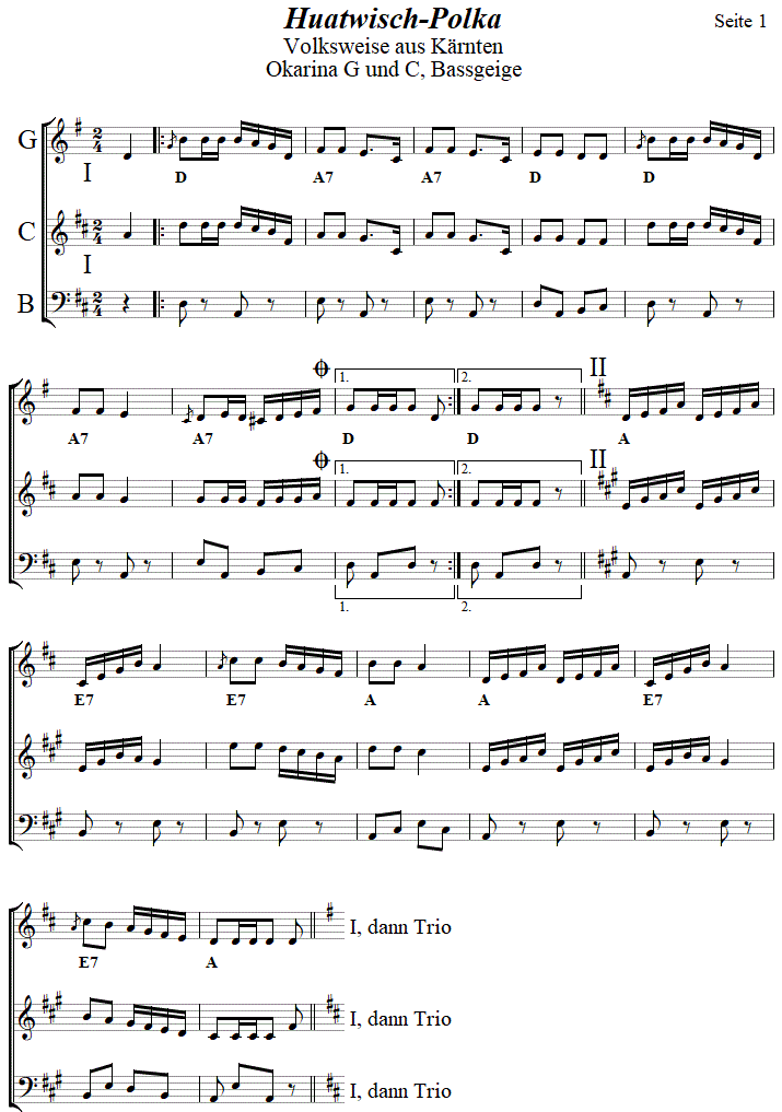 Huatwisch-Polka in zweistimmigen Noten für Okarina, Seite 1. 
Bitte klicken, um die Melodie zu hören.