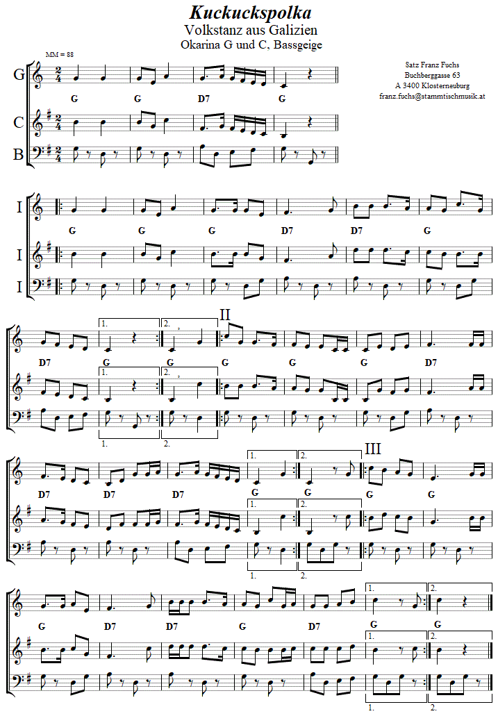 Kuckuckspolka in zweistimmigen Noten für Okarina. 
Bitte klicken, um die Melodie zu hören.