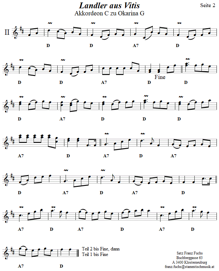 Landler aus Vitis, Begleitstimme für Akkordeon zur Okarina, Seite 2. 
Bitte klicken, um die Melodie zu hören.