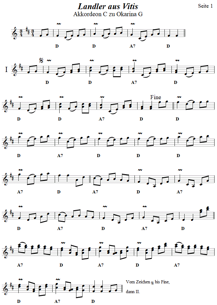 Landler aus Vitis, Begleitstimme für Akkordeon zur Okarina, Seite 1. 
Bitte klicken, um die Melodie zu hören.