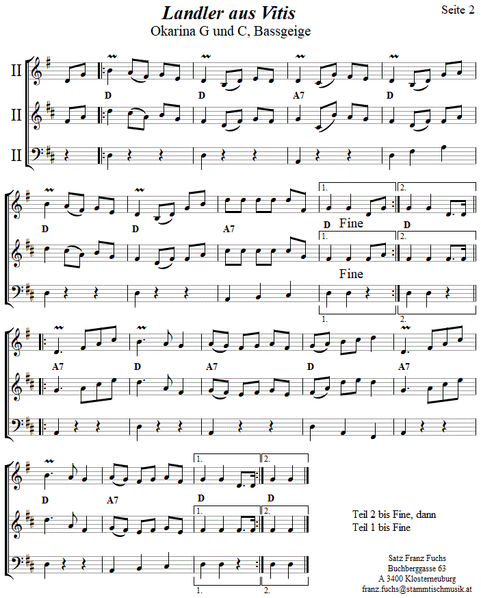 Landler aus Vitis, Seite 2, in zweistimmigen Noten für Okarina. 
Bitte klicken, um die Melodie zu hören.