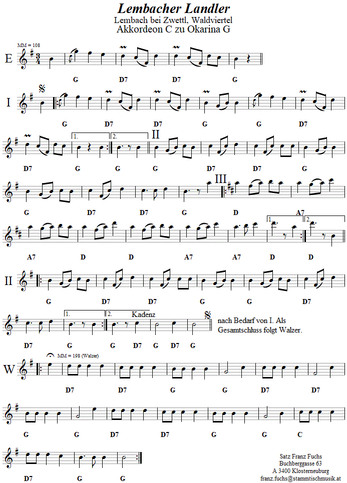 Lembacher Landler, Begleitstimme für Akkordeon zur Okarina, Seite 1. 
Bitte klicken, um die Melodie zu hören.