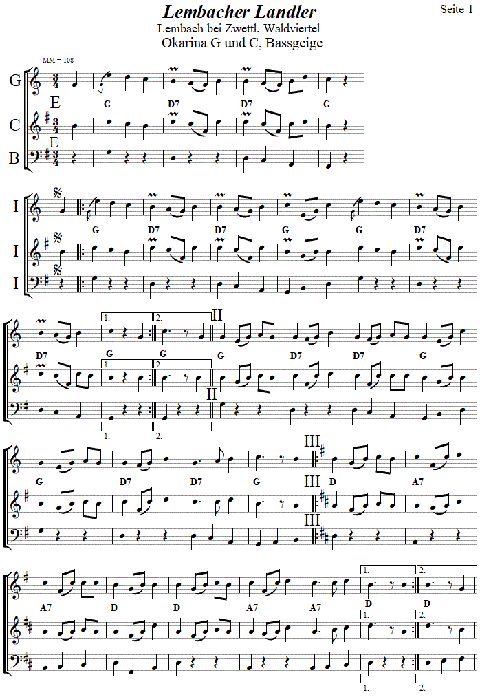Lembacher Landler, Seite 1, in zweistimmigen Noten für Okarina. 
Bitte klicken, um die Melodie zu hören.
